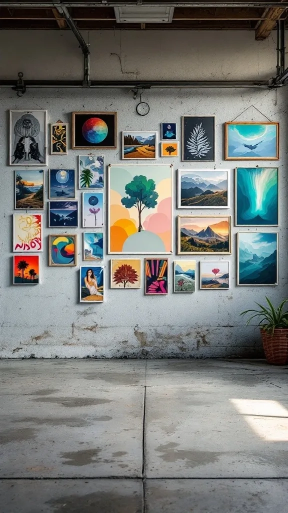 wall art display with various colorful frames in a garage
