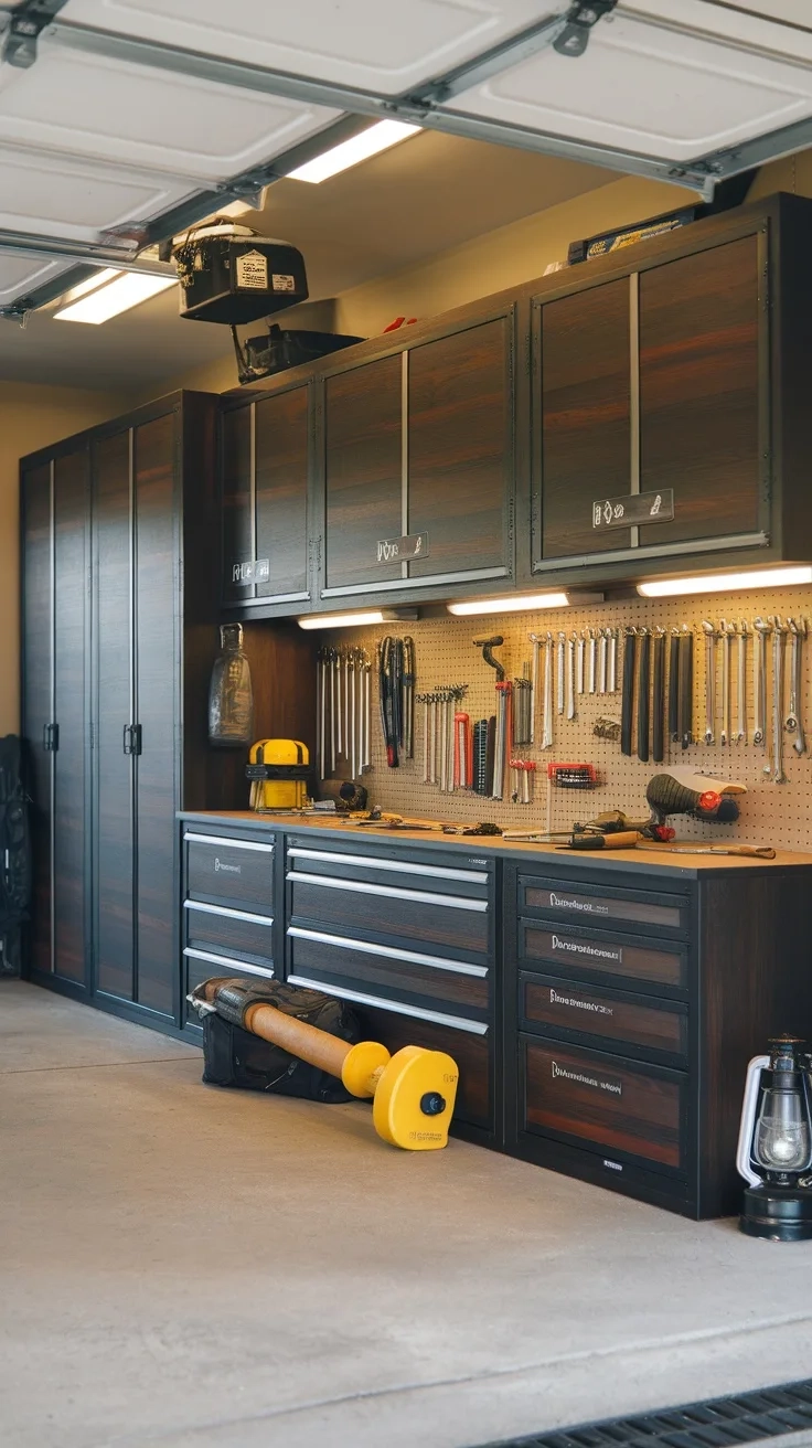 A well-organized garage featuring custom cabinets and tools.