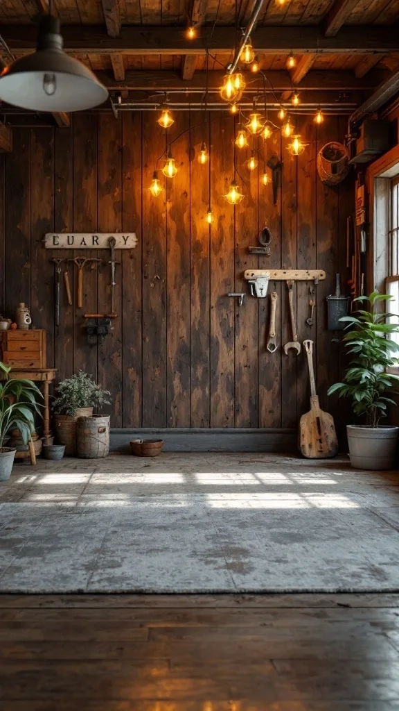 A rustic garage with deep bark wooden walls, hanging lights, and plants, creating a cozy atmosphere.