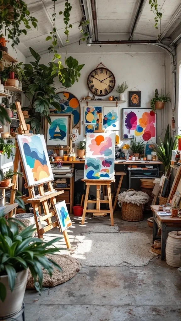 A garage converted into a craft and art studio with easels, artwork, and storage.