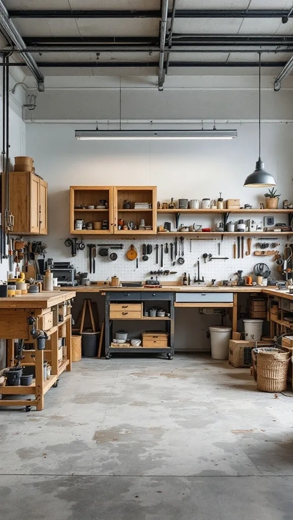 A minimalist garage workshop with wooden shelves and tools organized neatly.