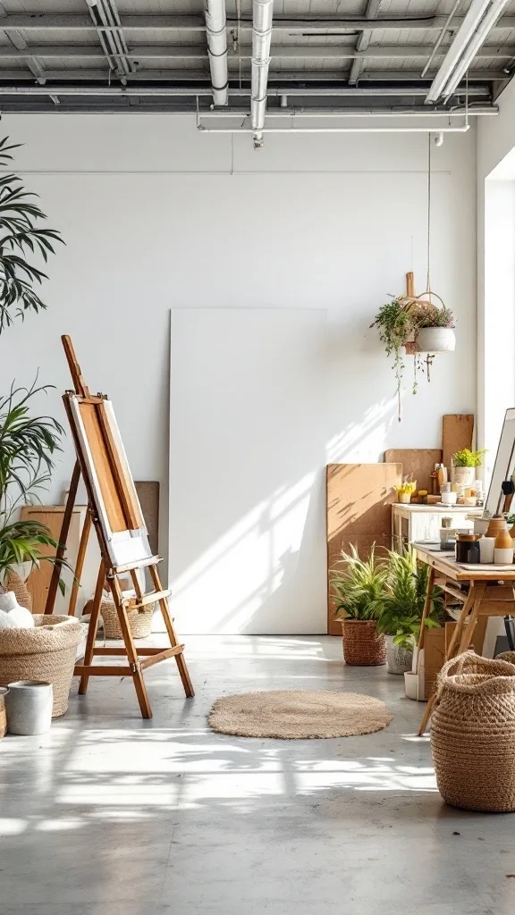 Minimalist art studio with easel, plants, and natural light