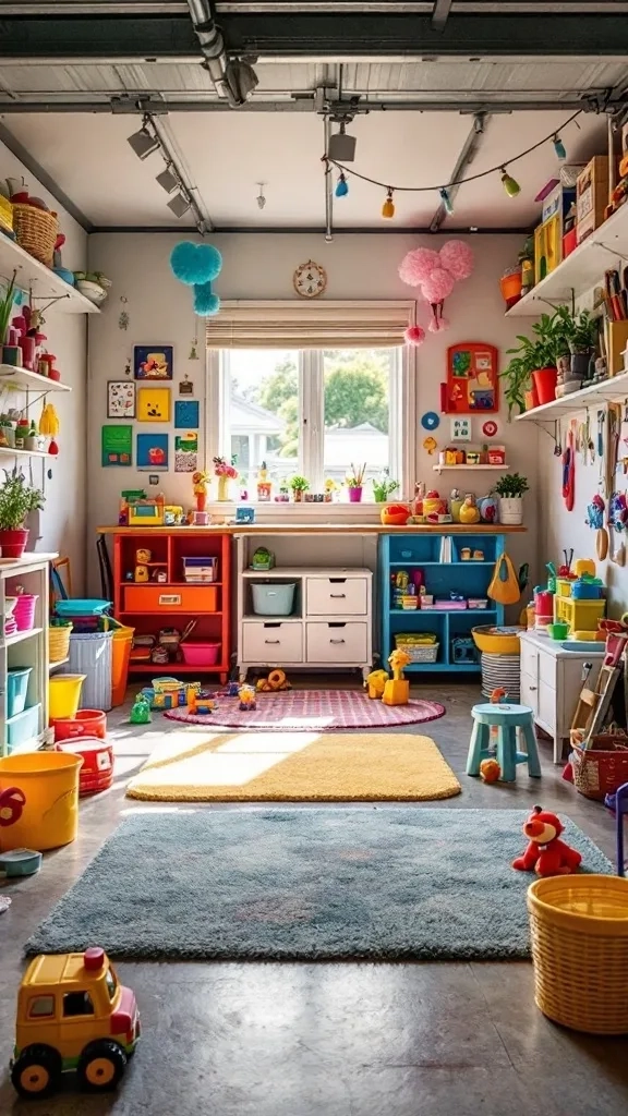 Colorful garage playroom with toys, shelves, and a vibrant design