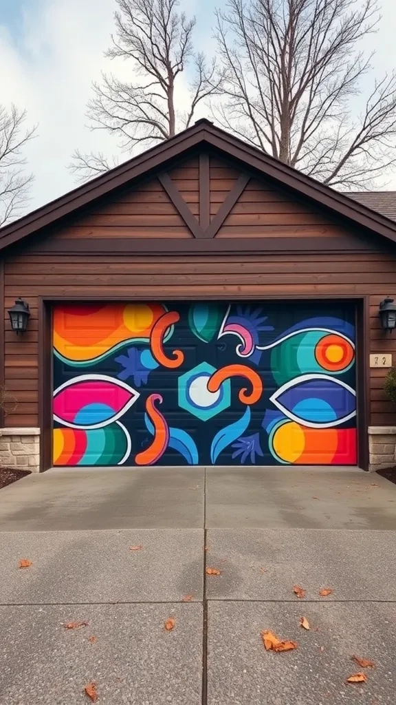 Colorful artistic mural on a garage door with abstract shapes and patterns