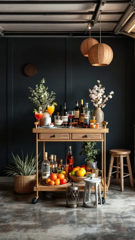 A stylish wooden bar cart filled with various drinks, fruits, and decorations, set up in a garage.