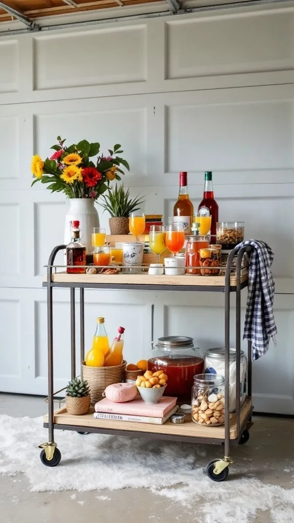 A DIY bar cart with drinks and snacks in a cozy garage setting.