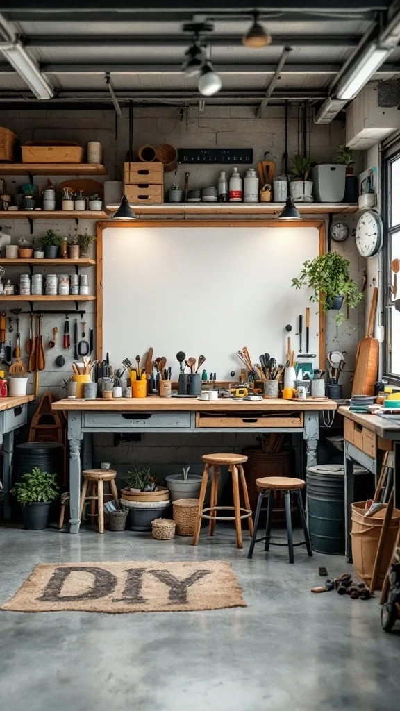 A cozy DIY craft bar in a garage with shelves filled with tools and materials.