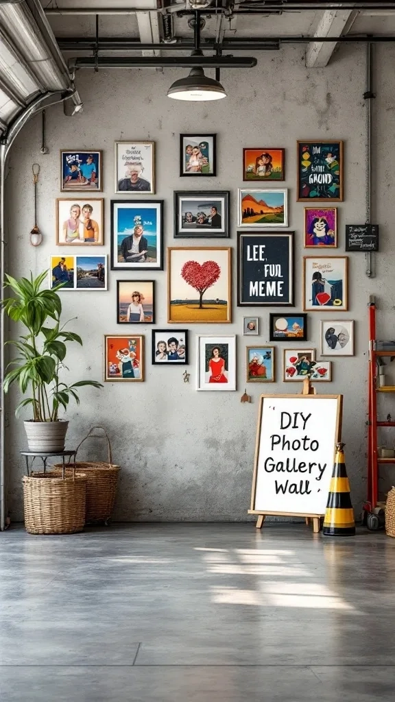 A DIY photo gallery wall in a garage, featuring various framed pictures and a sign that says 'DIY Photo Gallery Wall'