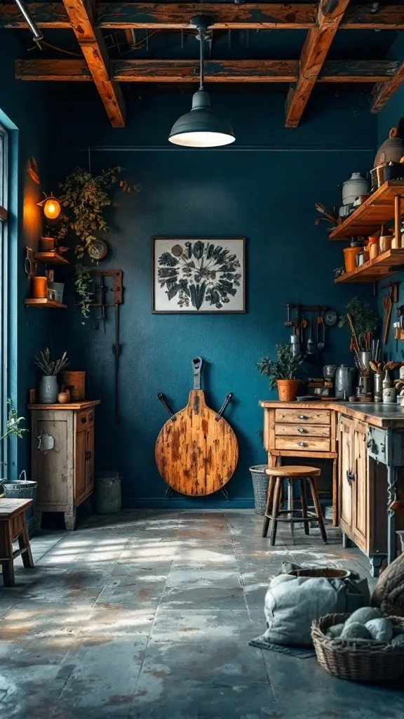 A cozy rustic garage with dusky blue walls, wooden furniture, and plants, creating a warm inviting atmosphere.