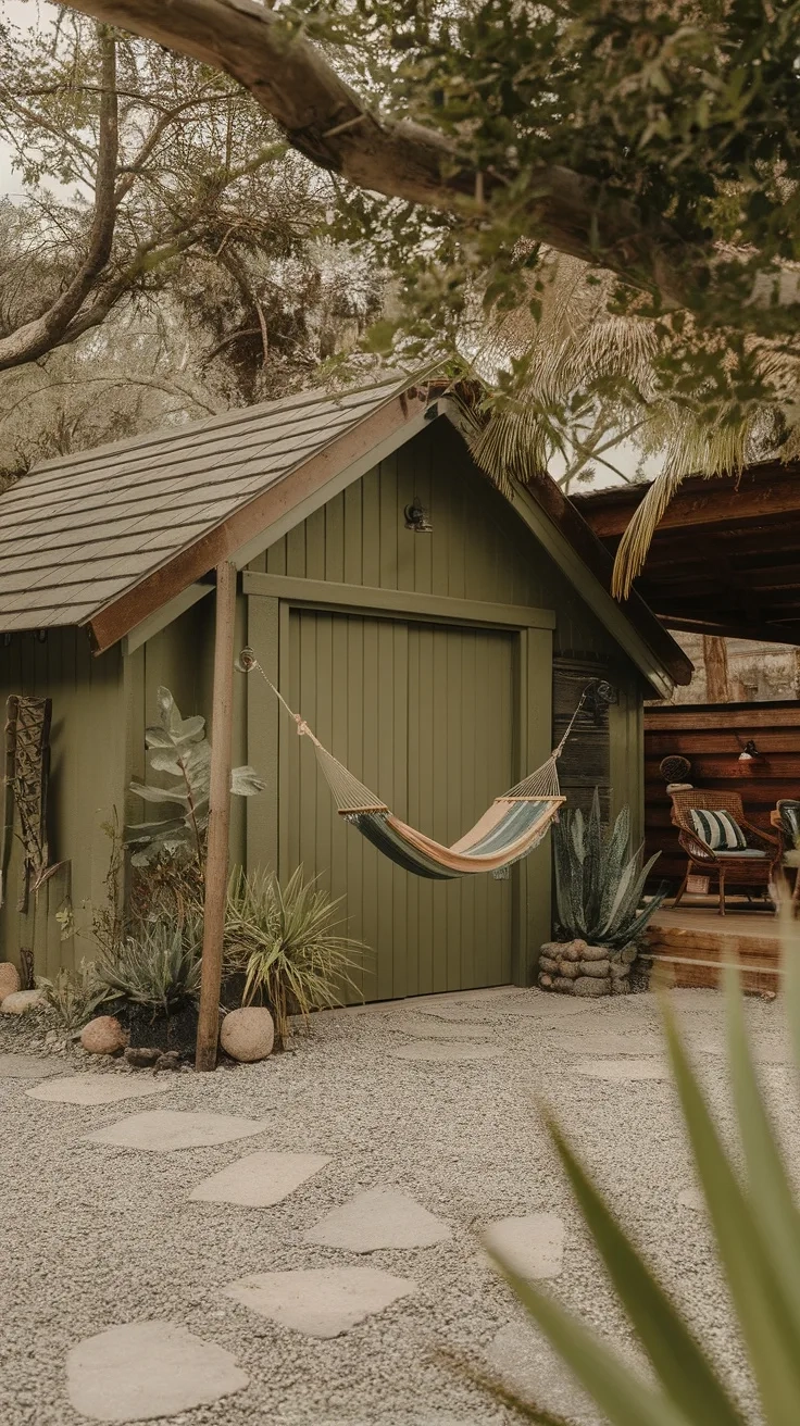A garage painted in earthy olive green, surrounded by plants and a hammock, creating a natural and inviting look.