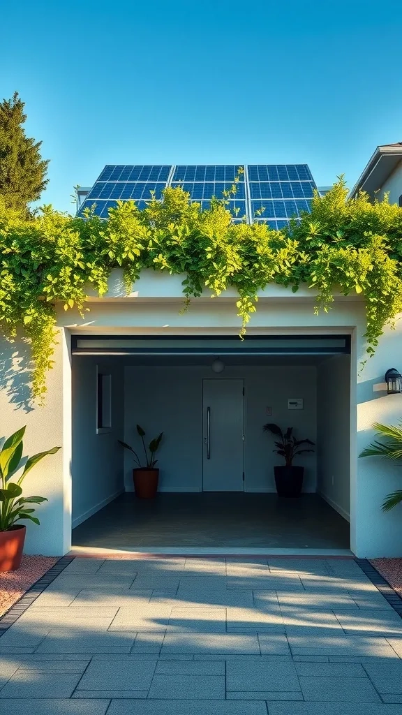 Eco-friendly garage with solar panels and green plants