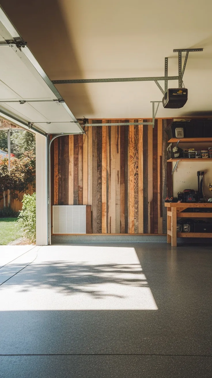 An eco-friendly garage interior featuring reclaimed wood wall and a sleek, speckled floor.