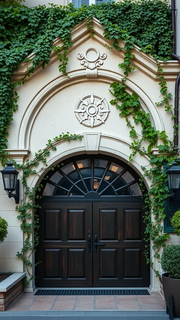 An elegant arched garage entrance with dark wooden doors and greenery