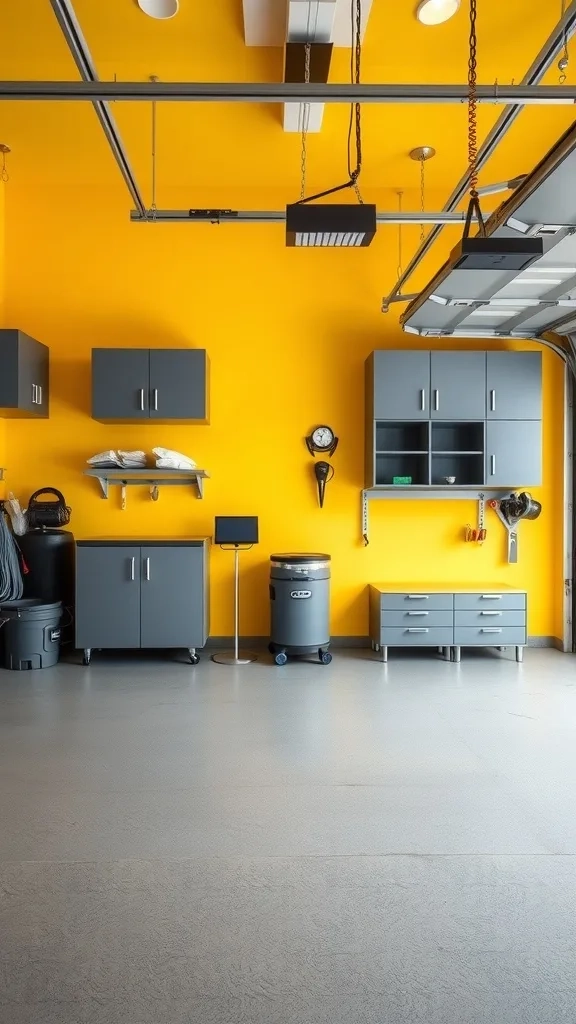 A garage with vibrant yellow walls and gray cabinets, showcasing energetic color contrast.