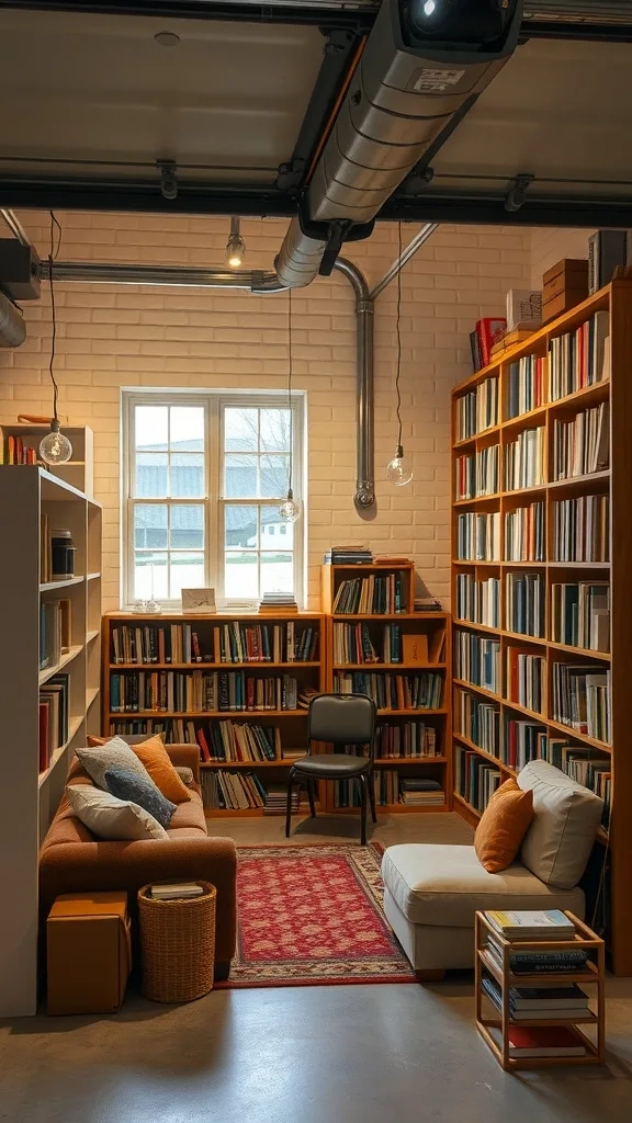 A cozy reading nook in a garage with bookshelves, a sofa, and warm lighting.