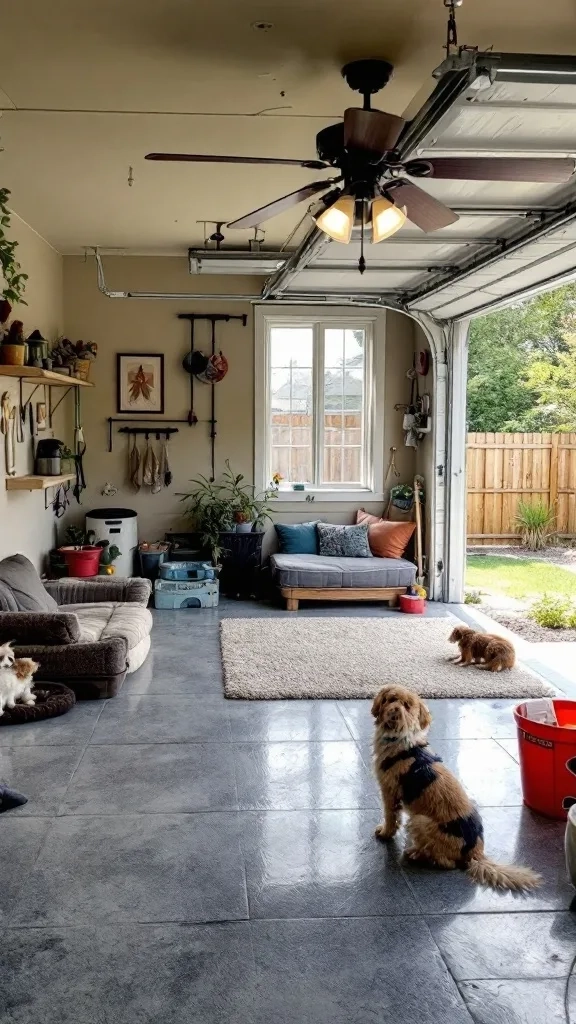 A cozy pet space in a garage with two dogs, pet beds, and storage for toys and supplies.