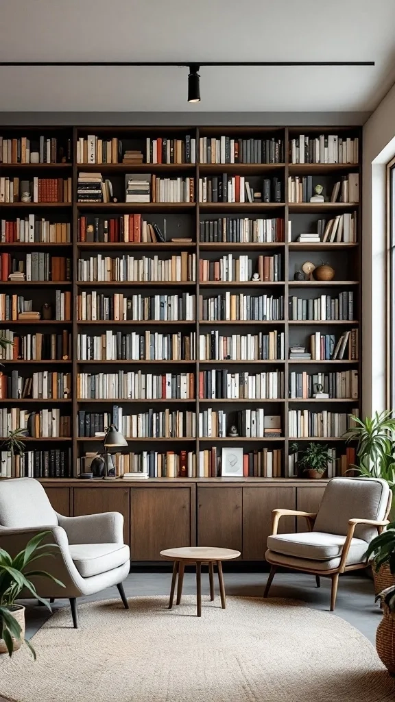 Cozy reading nook with a large bookshelf filled with books, two armchairs, and a small coffee table.