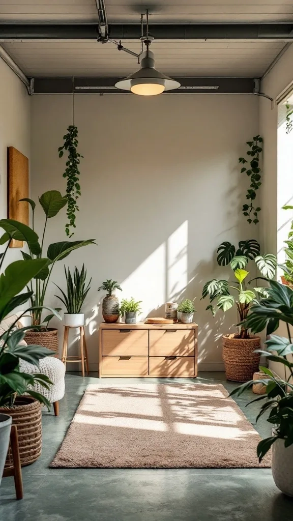 A serene Zen meditation space in a minimalist garage conversion, featuring plants, natural light, and simple decor.