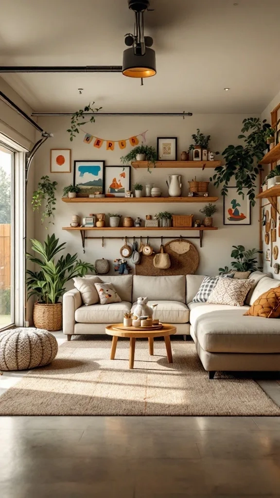 A cozy family room transformed from a garage featuring a sofa, plants, and decorative shelves.