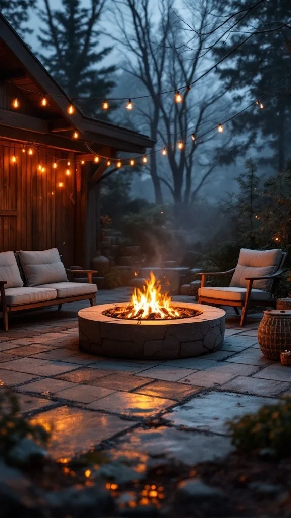 Cozy fire pit area with seating and string lights in a garage hangout