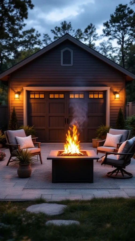 Cozy fire pit setup with seating and decorative lights outside a garage.
