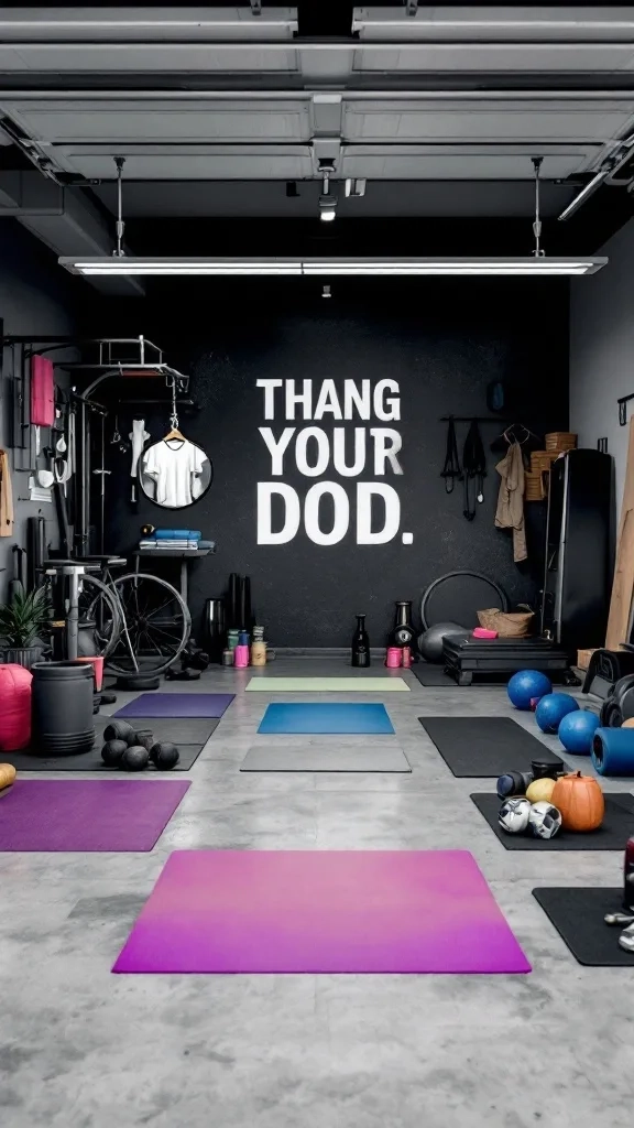 A fitness studio set up in a garage with colorful mats and workout equipment.