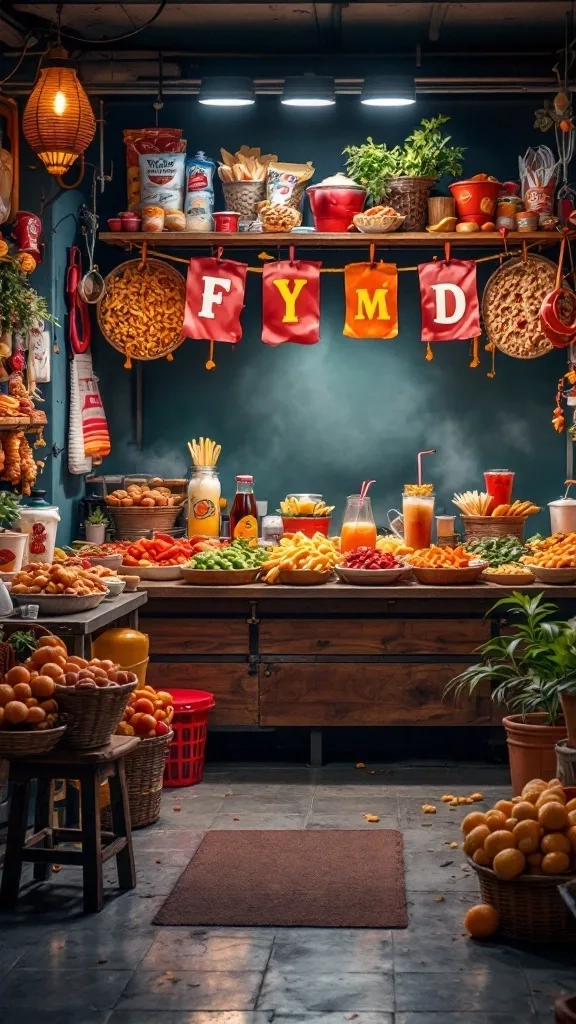 Vibrant food station with colorful snacks and fruits for a garage party.