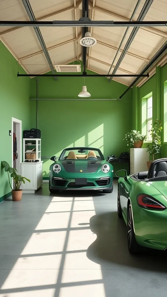 A vibrant garage painted in basil green with creamy white accents, featuring two sleek cars and natural light.