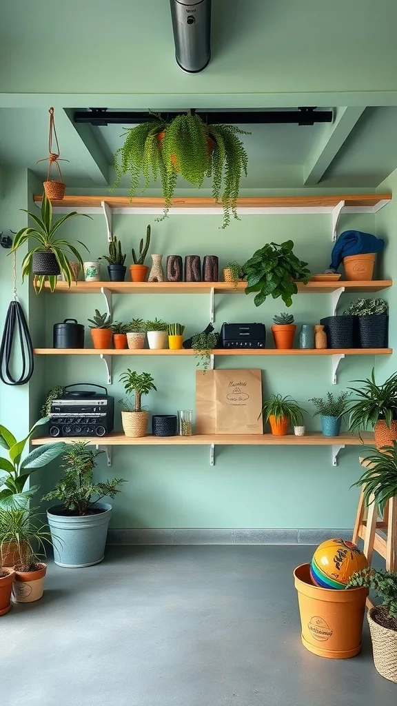 A garage with mint green walls, natural wood shelves filled with plants and decorative items.
