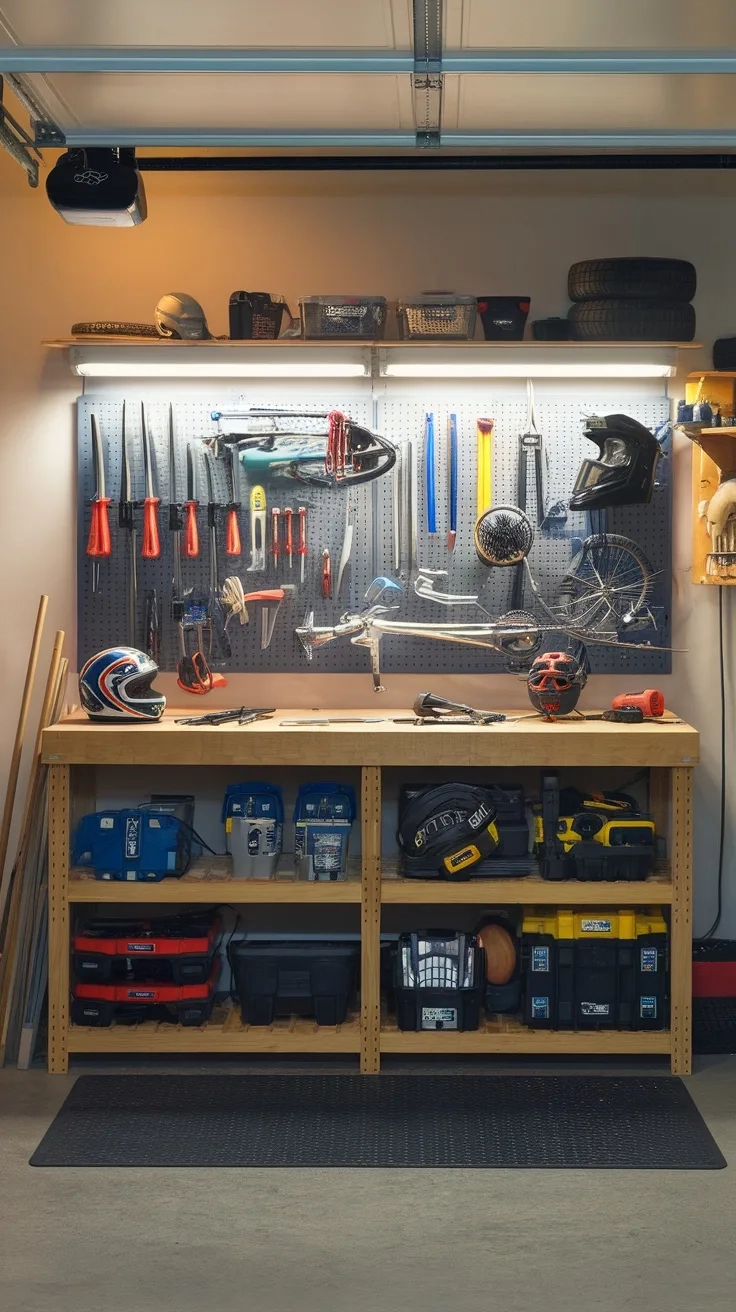 A functional workbench setup in a garage with tools organized on a pegboard and storage containers underneath.