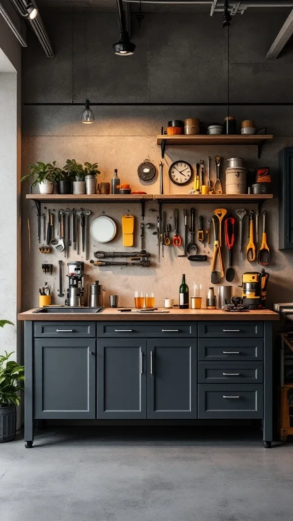 A functional workbench with tools and decorative items in a stylish garage lounge setting.
