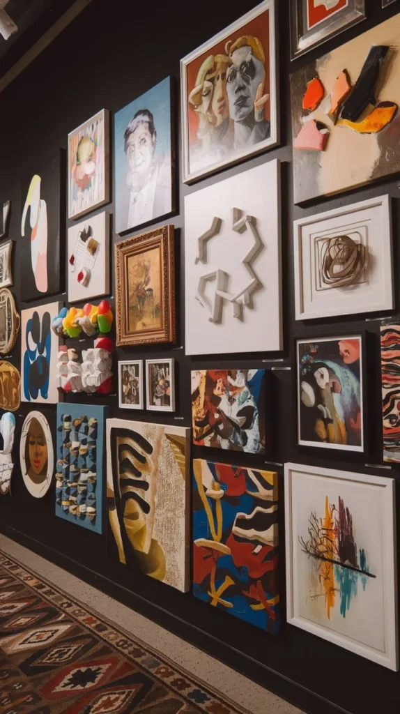 A photo of a gallery wall filled with various artwork. The artwork includes paintings in different styles, from abstract to realistic. There are also some pieces with 3D elements. The wall has a dark background. The floor has a rug with a geometric pattern.