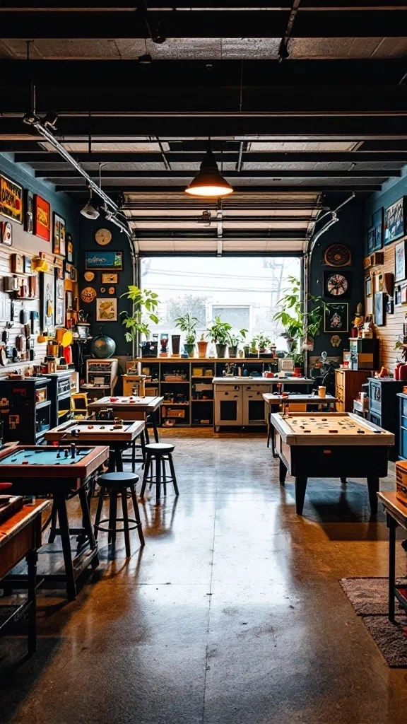 A game zone in a garage featuring various tables, chairs, and board games.