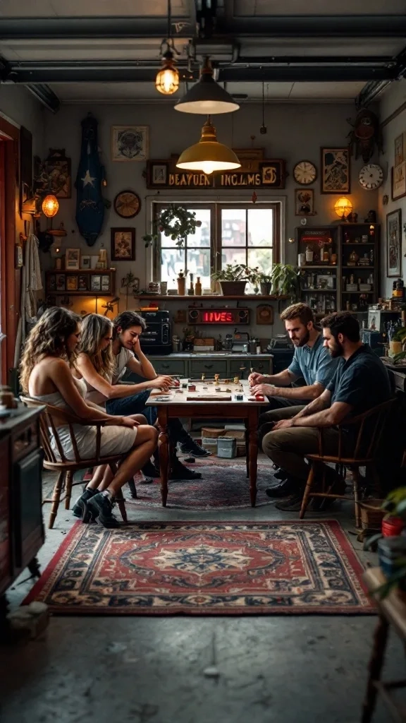 A group of friends gathered around a table in a vintage-decorated garage, playing board games.