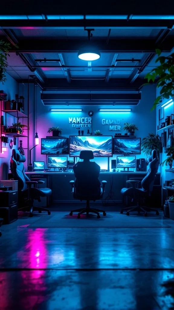A stylish gaming retreat setup in a garage with vibrant LED lighting, multiple monitors, and comfortable gaming chairs.
