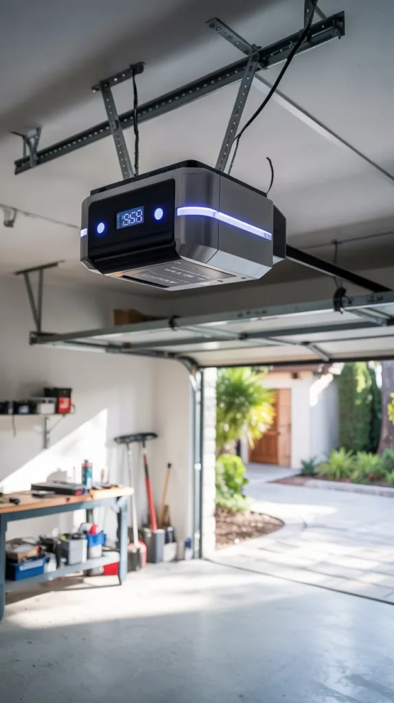 A photograph of a sleek modern garage door opener mounted on a clean white ceiling. The opener features a streamlined silver body with a digital display and a row of blue LED indicators. A remote control lies on a nearby workbench with a set of tools, while the background shows a partially open garage door revealing a glimpse of a sunny outdoor scene.