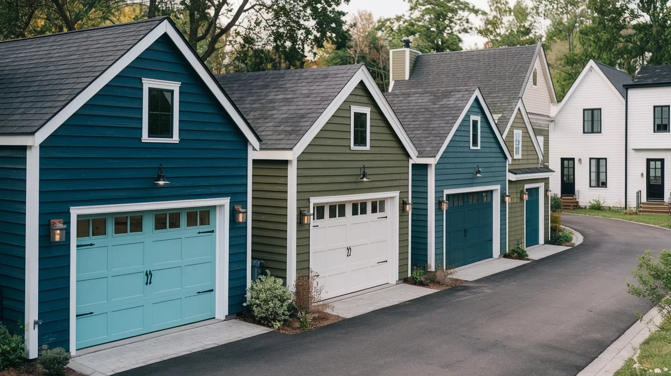 A vibrant collage of garage exteriors in different paint colors, from deep blues to earthy greens, set in a suburban neighborhood with a minimalist modern design. The garages are made of wood and have a minimalist modern design, with a few small windows and a sliding door. The neighborhood has a few houses with white walls and black doors. There is a paved path leading to the houses. The background contains trees.