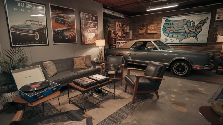 A photo of a garage lounge with a vintage car, a couch, and a few chairs. There's a record player with albums on a table near the couch. The walls have posters of classic cars and a map of the United States. The floor has a rug and a few items, including a lamp and a plant. The overall ambiance is cozy and nostalgic.