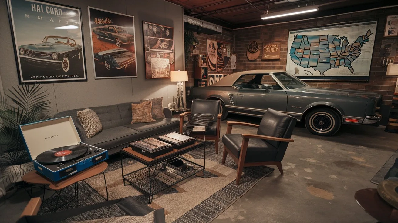 A photo of a garage lounge with a vintage car, a couch, and a few chairs. There's a record player with albums on a table near the couch. The walls have posters of classic cars and a map of the United States. The floor has a rug and a few items, including a lamp and a plant. The overall ambiance is cozy and nostalgic.