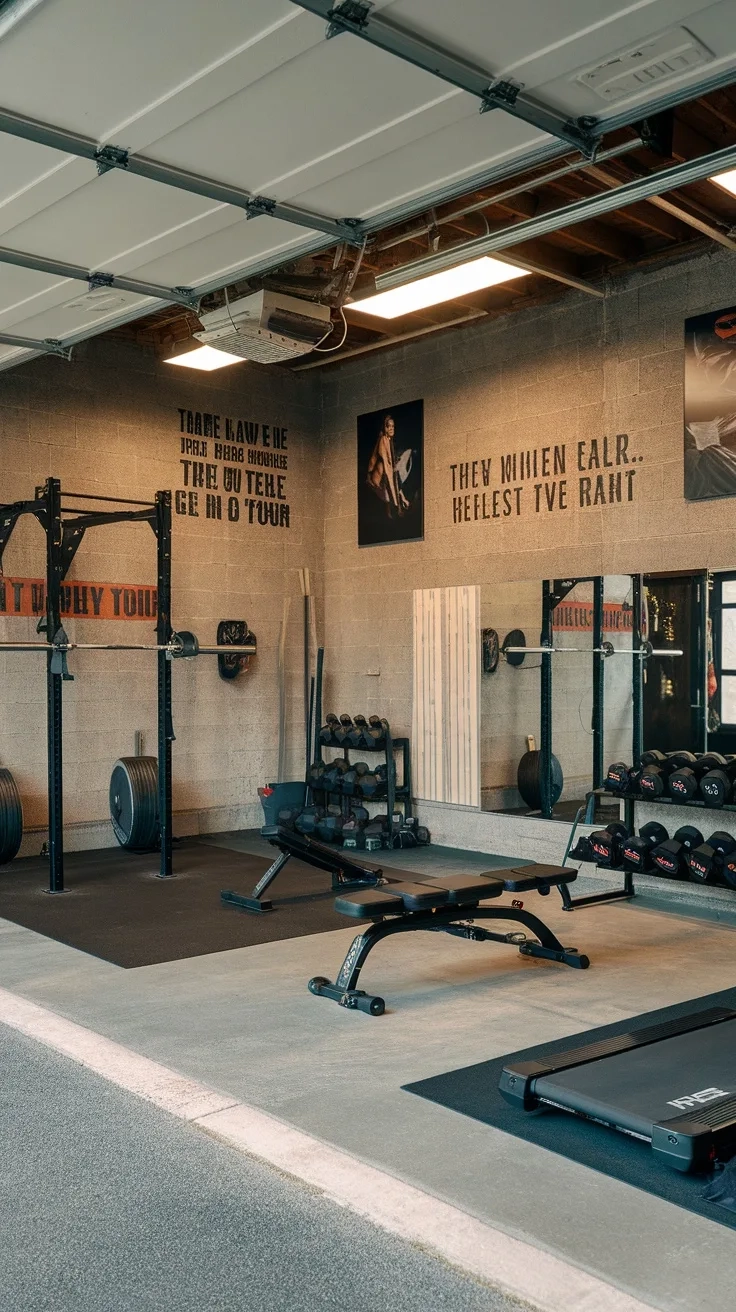 Garage gym setup with weights, benches, and motivational quotes on the walls