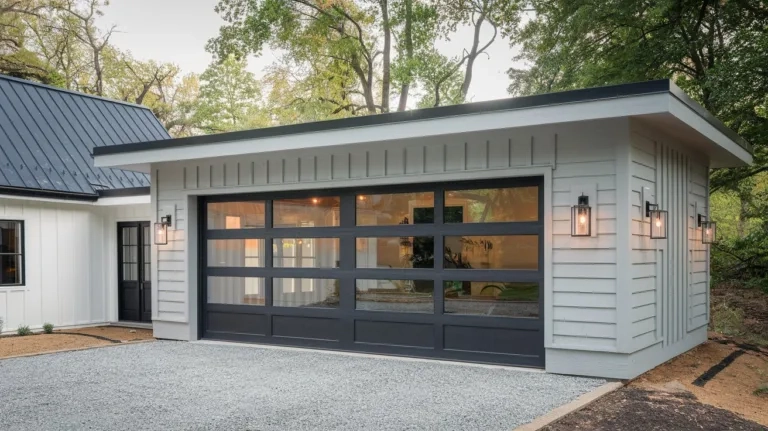 A photo of a garage addition with a modern design. The garage has a gray exterior and features large windows and a black door. The garage is connected to a white house with a black roof. The garage has a flat roof. The ground is covered with gravel. The background contains trees.