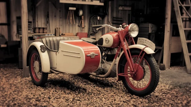 A garage aesthetic image of a vintage motorcycle with a red and white color scheme. The motorcycle has a sidecar and is parked in a gravel-filled area. There are various tools and equipment hanging on the wall behind the motorcycle. The background contains a wooden structure and a ladder. The overall image has a warm hue.