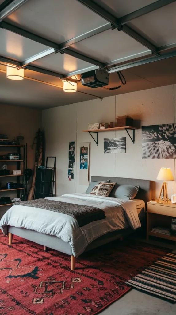 A garage bedroom with a queen-size bed, a nightstand, and a lamp. There's a red rug on the floor. The walls have a few photos and a wooden shelf. The ceiling has a few overhead lights.