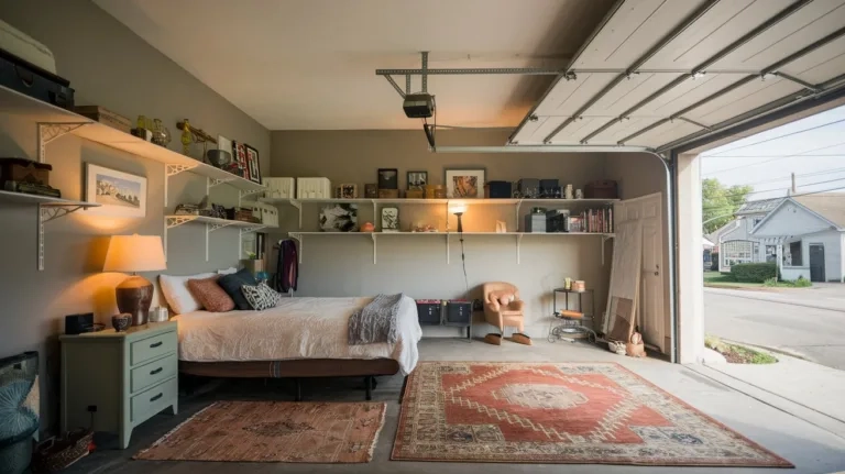 A photo of a garage converted into a bedroom. There is a bed in the middle of the room, with a nightstand on one side. A lamp is placed on the nightstand. The walls have shelves with various items. There is a rug on the floor. The garage door is open, revealing a street. The room has a calm ambiance.