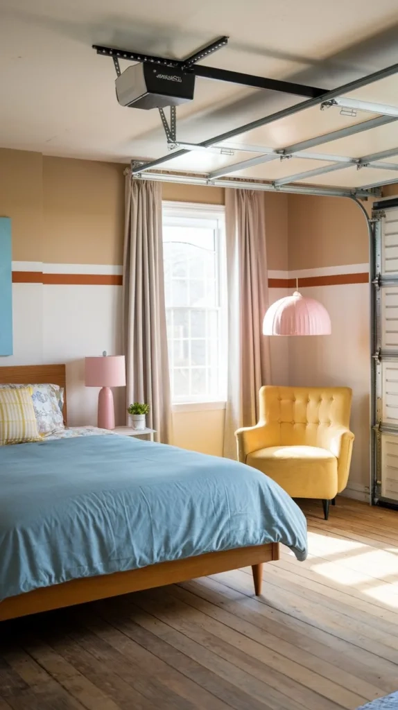 A garage bedroom with a queen-size bed, a nightstand, and a lamp. There's a red rug on the floor. The walls have a few photos and a wooden shelf. The ceiling has a few overhead lights.