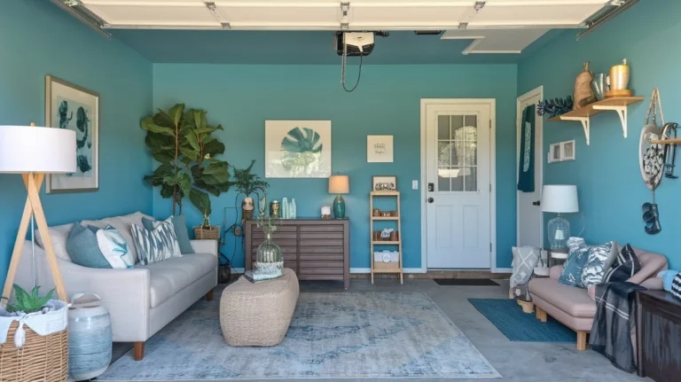 A photo of a garage turned into a chill space. There's a sofa, a lamp, a plant, and a few personal items. The walls are painted with a calming blue color. There's a door leading to the garage. The floor is covered with a rug.