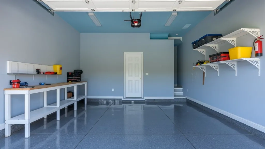 A photo of a garage with light gray walls and a dark gray epoxy floor. There's a white workbench along the left wall, with various tools and a yellow bucket on top. A white shelving unit is mounted on the right wall, holding a fire extinguisher, a yellow bucket, and a red toolbox. The ceiling is painted a light blue.