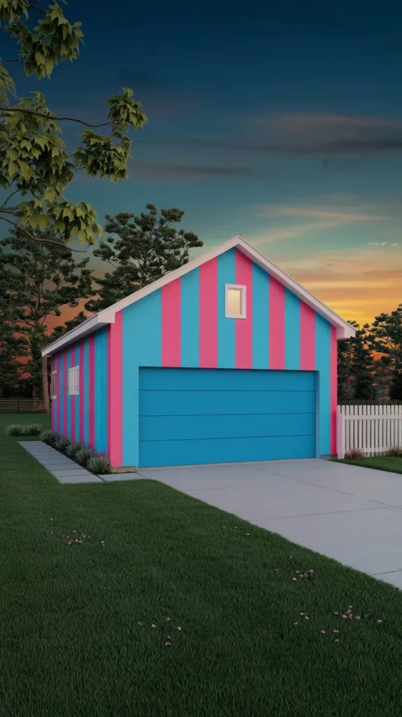 A photo of a modern minimalist style garage exterior with a bold, vibrant color palette. The garage is painted in bright pink and blue stripes. The garage is situated in a serene suburban setting with green grass, a few trees, and a white picket fence. The sky is dark blue and orange hues from the setting sun can be seen in the background.