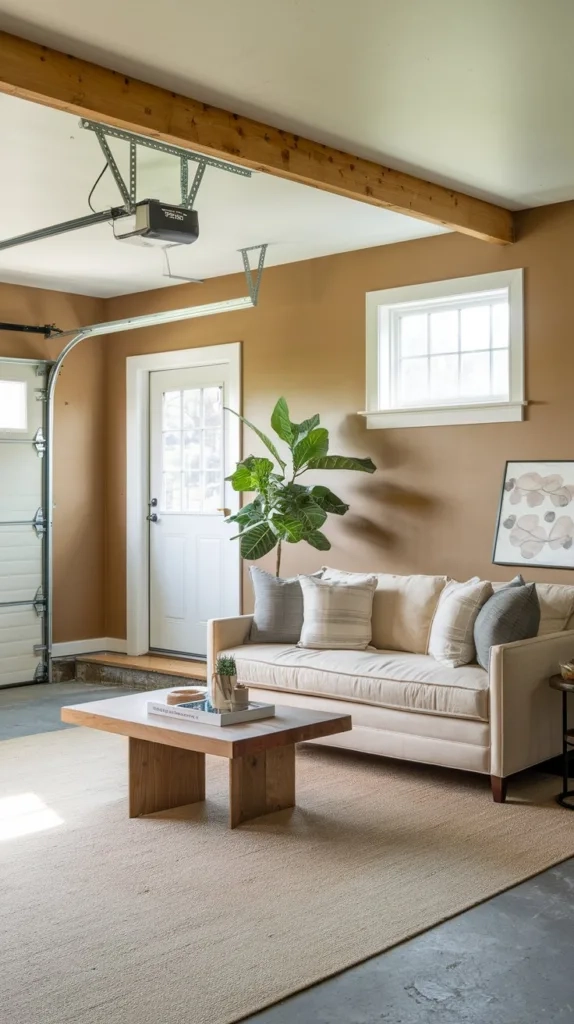 A photo of a garage that has been converted into a living space. There is a sofa, a coffee table, and a plant in the room. The walls have been painted beige and there is a wooden beam running along the ceiling. The floor is covered with a beige rug. The door to the garage is visible, with a window above it.