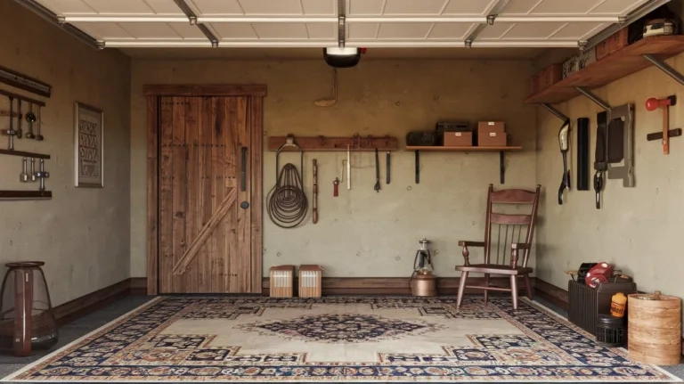 1. A rustic garage with a wooden door and a few tools hanging on the wall. The floor is covered with a patterned rug. There's a wooden chair in the corner and a shelf above it. The walls have a beige color with a few nail holes. The lighting is warm and inviting.